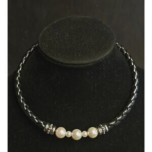 Black Braided Cord Choker Necklace Creamy White Pearls Slip-on Silver Tone